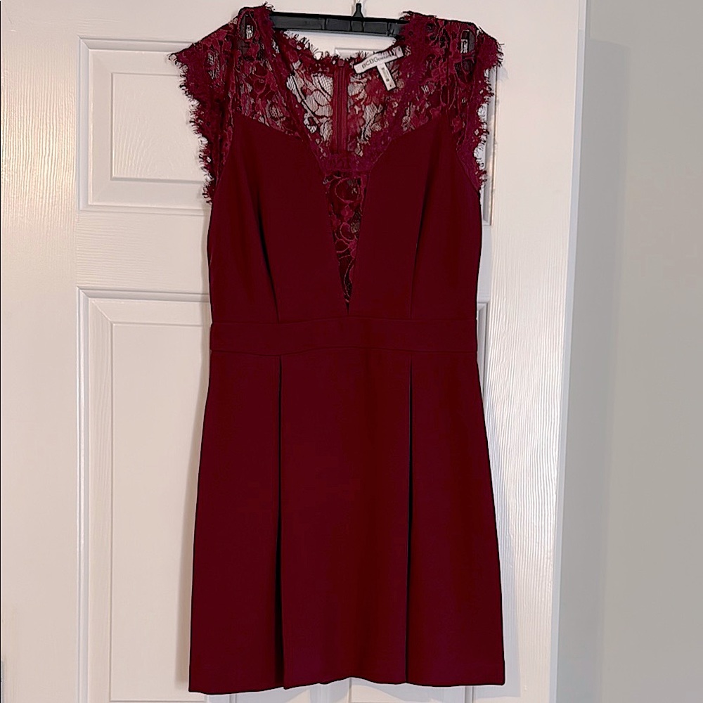 BCBGeneration Lace Paneled Pleated Dress in Wine